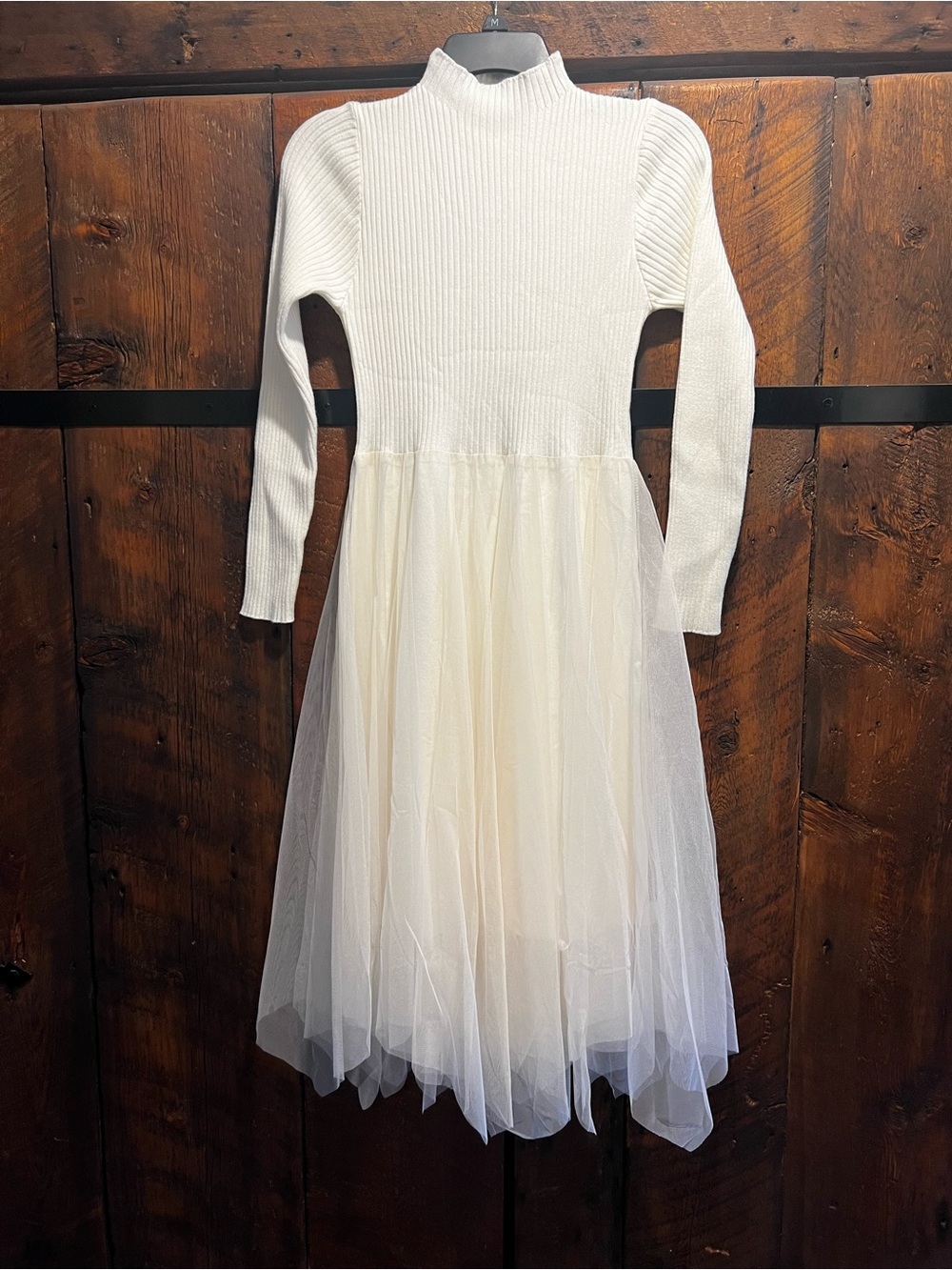 Long-Sleeve Cream Tulle Midi Dress with Ribbed Bodice